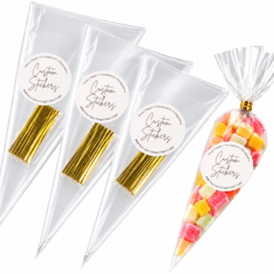 100pcs Transparent Cone-Shaped Packaging Bags + Custom Stickers