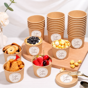 100pcs Paper Bowls With Lids + Custom Stickers