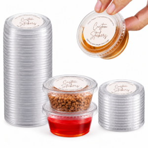 50 Sets - Plastic Sauce Cups 60ml With Lids + Custom Stickers